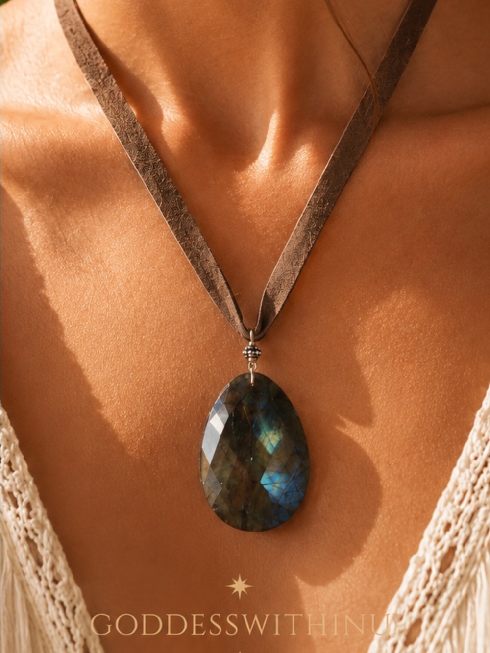LEATHER & LABRADORITE | Faceted Gemstone | Wide Leather Tie Cord | Artisan | OS